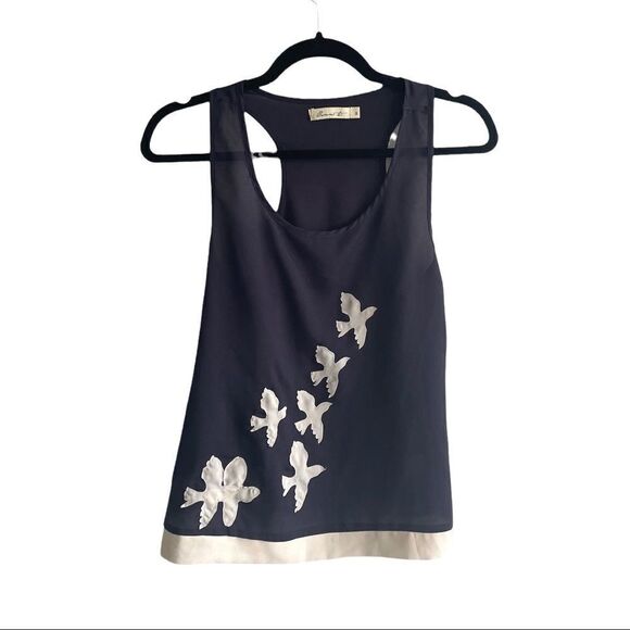 Comme TOI Sleeveless Racerback Tank Top Blouse Birds Doves Navy Blue Cream S - Picture 2 of 5